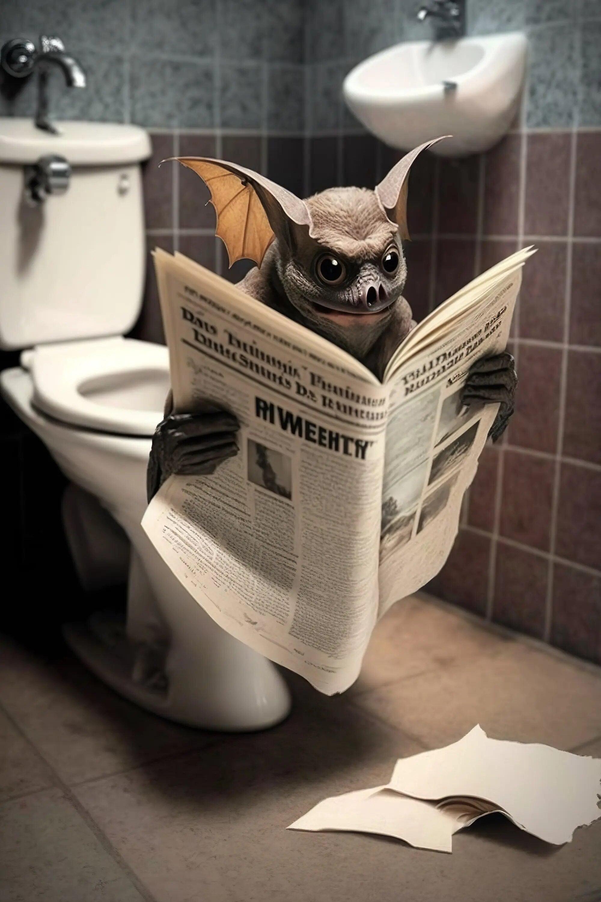 Funny Bathroom Humorous Animal Wall Decor Bear Dog Tiger Sitting on Toilet Reading Newspaper Poster Art Print Canvas Painting