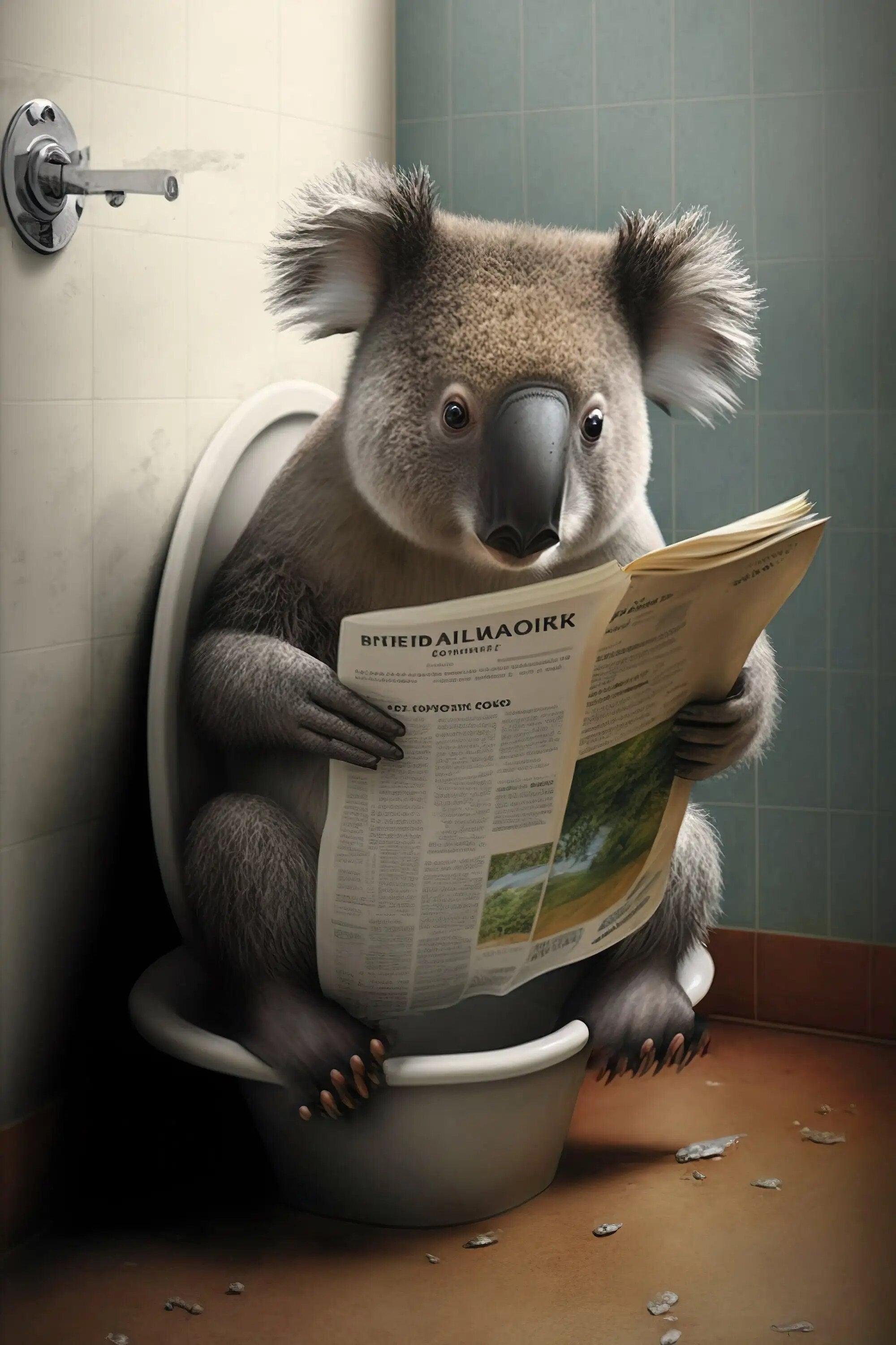 Funny Bathroom Humorous Animal Wall Decor Bear Dog Tiger Sitting on Toilet Reading Newspaper Poster Art Print Canvas Painting