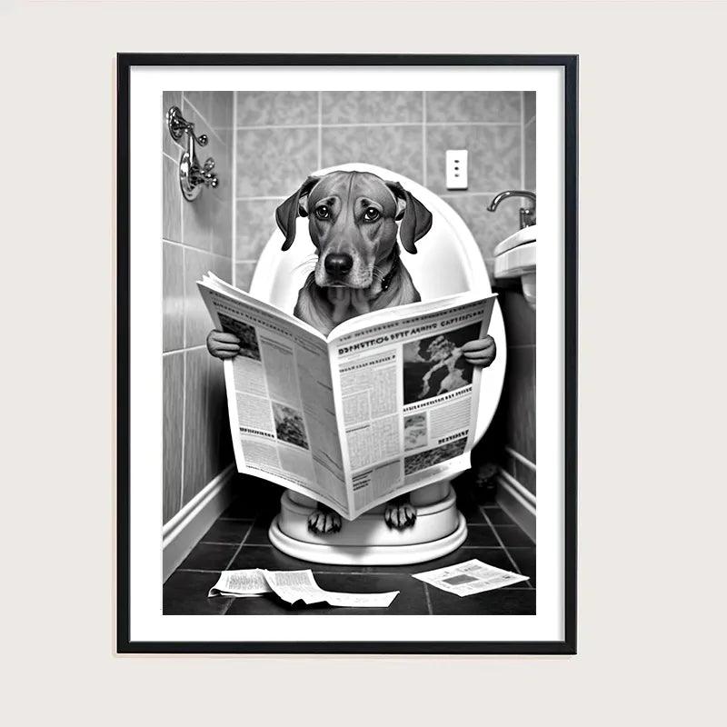 Funny Bathroom Humorous Animal Wall Decor Bear Dog Tiger Sitting on Toilet Reading Newspaper Poster Art Print Canvas Painting