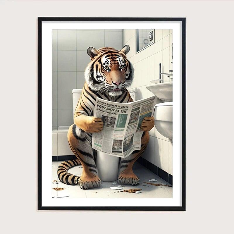 Funny Bathroom Humorous Animal Wall Decor Bear Dog Tiger Sitting on Toilet Reading Newspaper Poster Art Print Canvas Painting