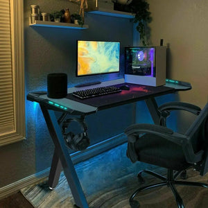 Gaming Desk PC Computer Gamer Desk Ergonomic Workstation with RGB LED Lights Headphone Hook Cup Holder for Home Offices