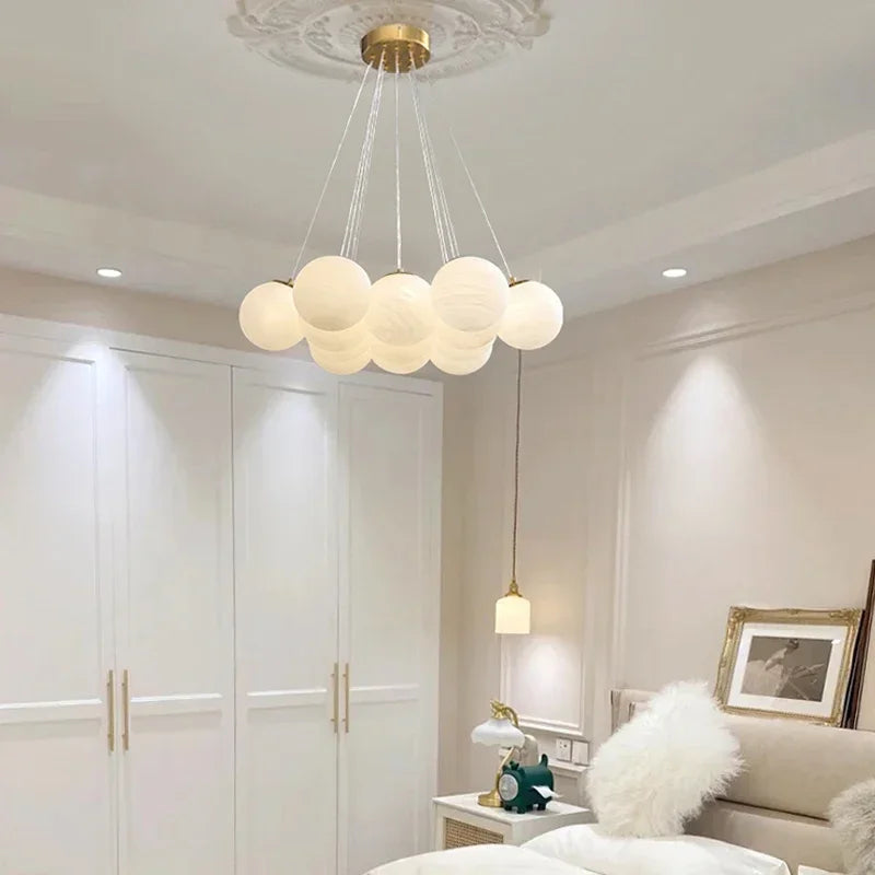 Glass Ball Chandelier French Style Ceiling Lamp Modern Minimalist Droplight Magic Bean Lantern Ins Style Pendant Light for Home