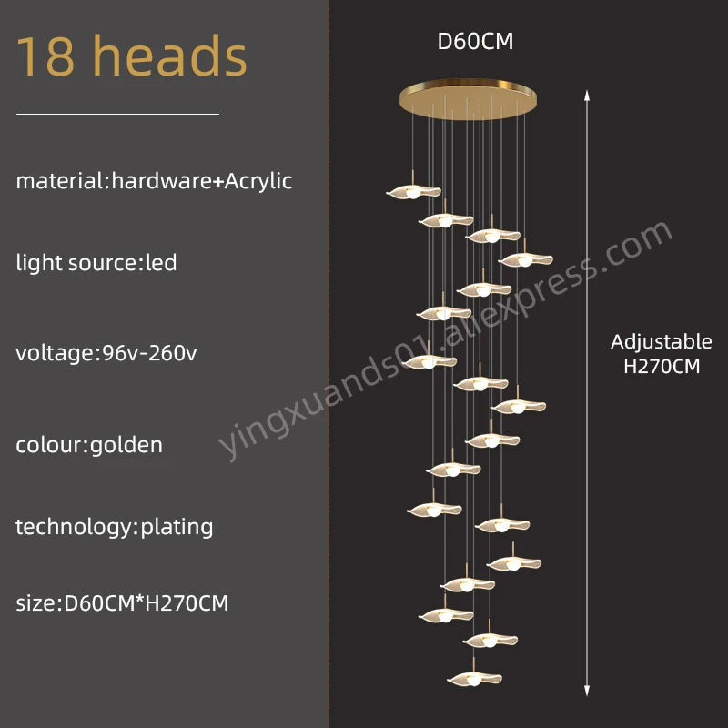 Gold Acrylic Chandeliers Interior Designer Minimalism Living Room Lamp Villa Attic LED Pendant Lamp Modern Staircase Chandeliers