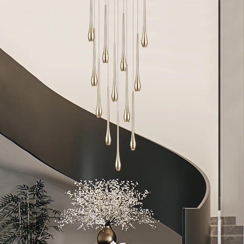 Gold Long Chandelier Minimalist Floodlight LED Duplex Villa Lighting Living Room Dining Room Light Rotary Staircase Chandelier