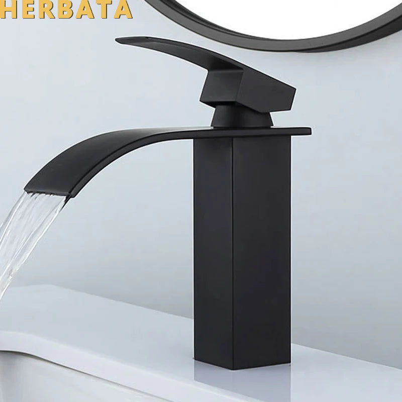 Grifo de lavabo de baño de cascada de latón chapado en oro/cromo/negro, mezclador de lavabo de tocador cuadrado, grifo de lavabo frío y caliente con un solo mango