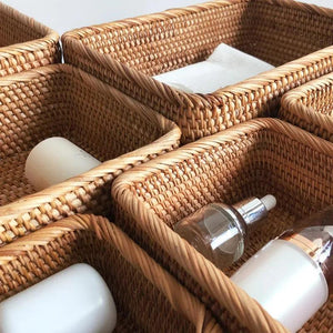 Hand-woven Rattan Wicker Basket Fruit Tea Snack Bread Basket Cosmetic Rectangular Storage Box Household Kitchen Supplies