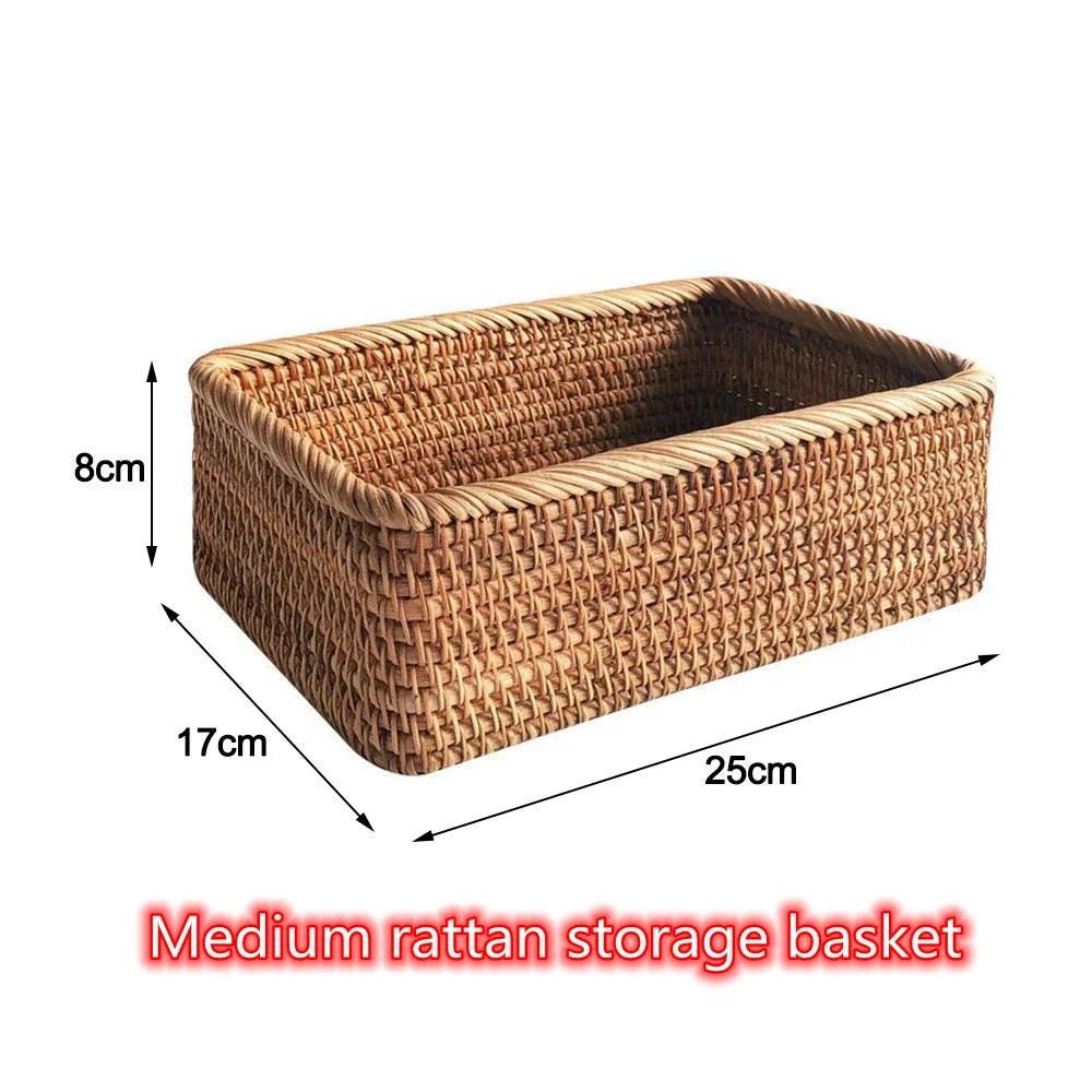 Hand-woven Rattan Wicker Basket Fruit Tea Snack Bread Basket Cosmetic Rectangular Storage Box Household Kitchen Supplies