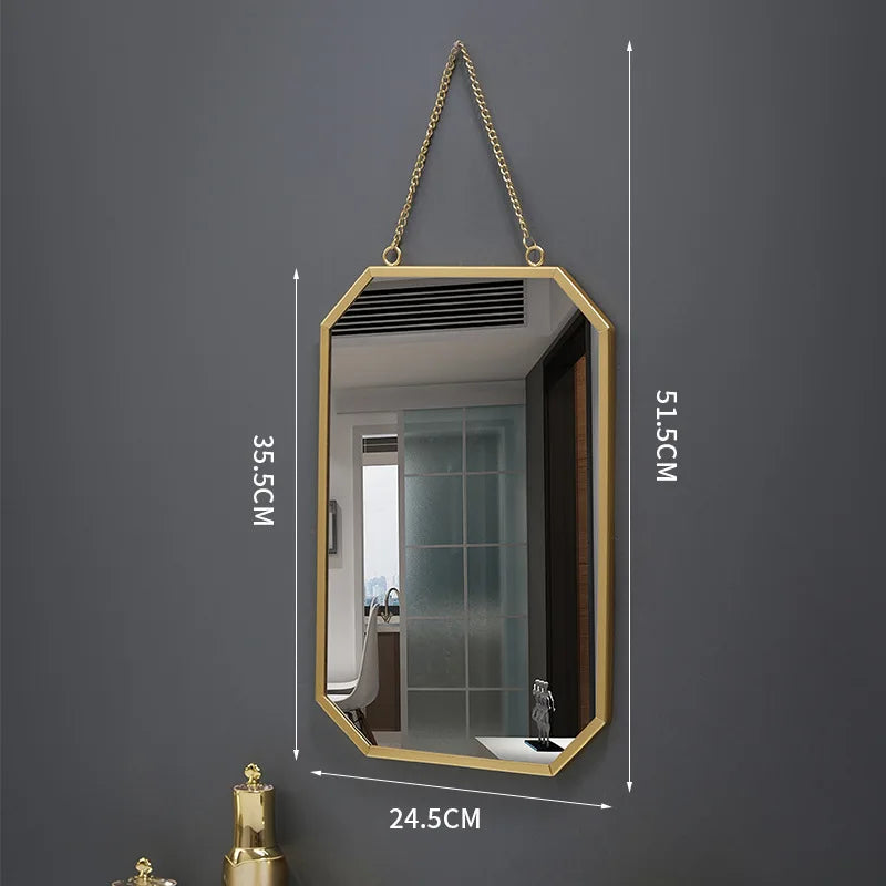 Hexagon Glass Wall Mirror Home Bathroom Vanity Chain Round Wall Hanging Makeup Mirror Art Interior Home Decoration Ornaments