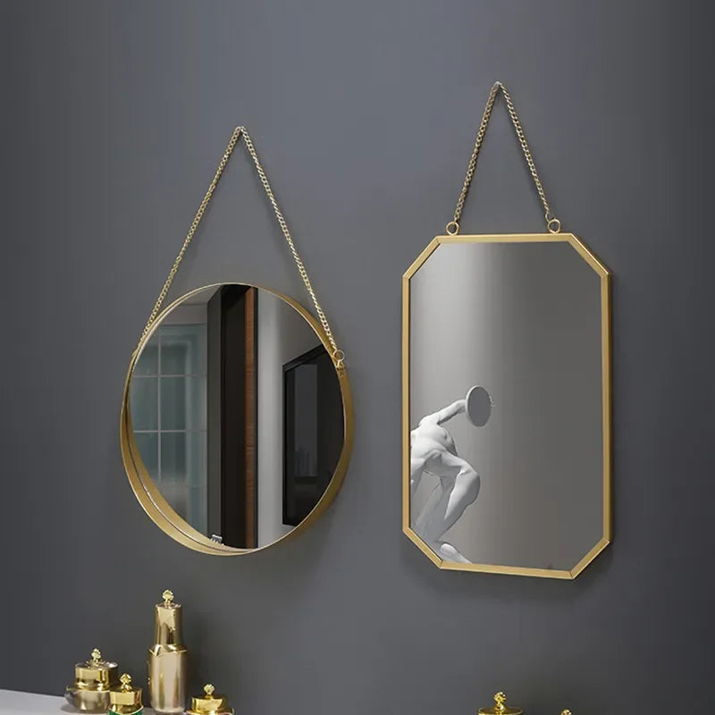 Hexagon Glass Wall Mirror Home Bathroom Vanity Chain Round Wall Hanging Makeup Mirror Art Interior Home Decoration Ornaments