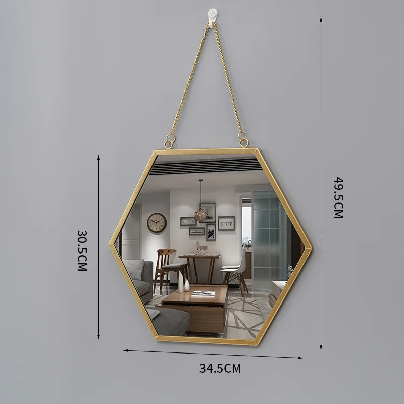 Hexagon Glass Wall Mirror Home Bathroom Vanity Chain Round Wall Hanging Makeup Mirror Art Interior Home Decoration Ornaments