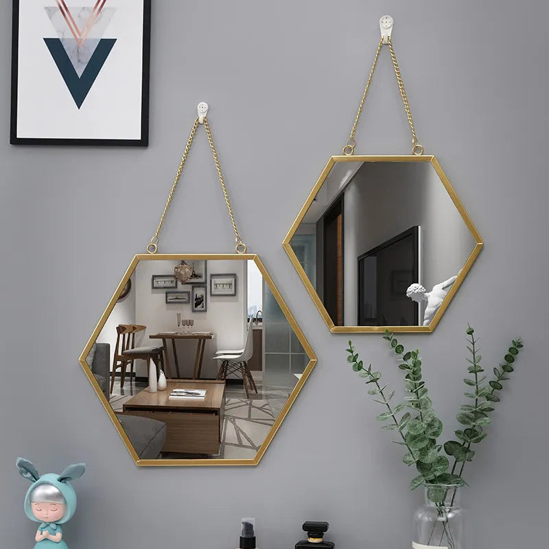 Hexagon Glass Wall Mirror Home Bathroom Vanity Chain Round Wall Hanging Makeup Mirror Art Interior Home Decoration Ornaments