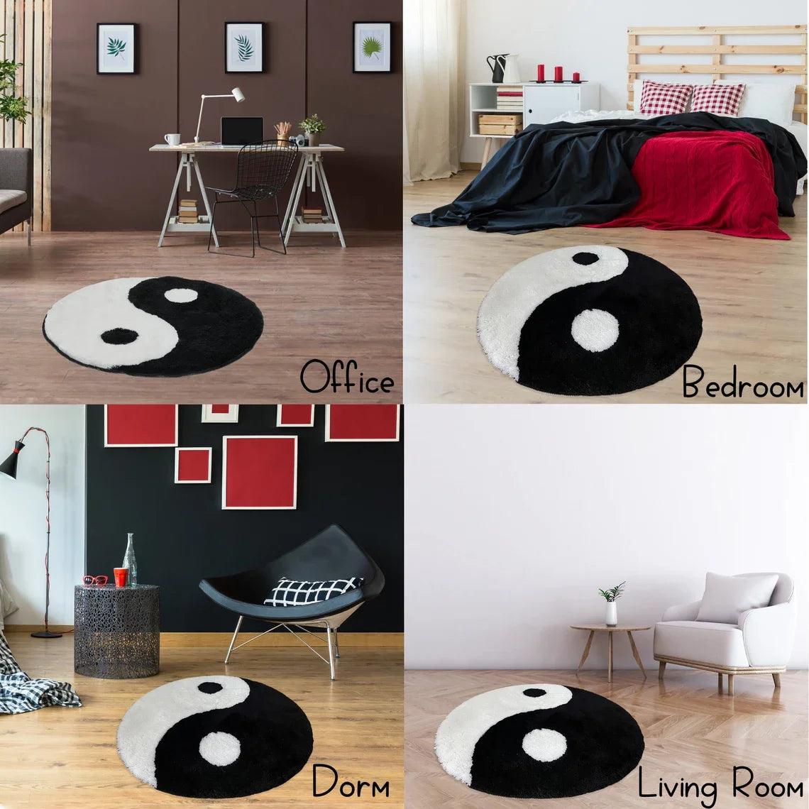 LAKEA Yin and Yang Symbol Fluffy Circle Soft Rug Black and White Circle Digital Carpet for Bedroom with Chinese Characteristic