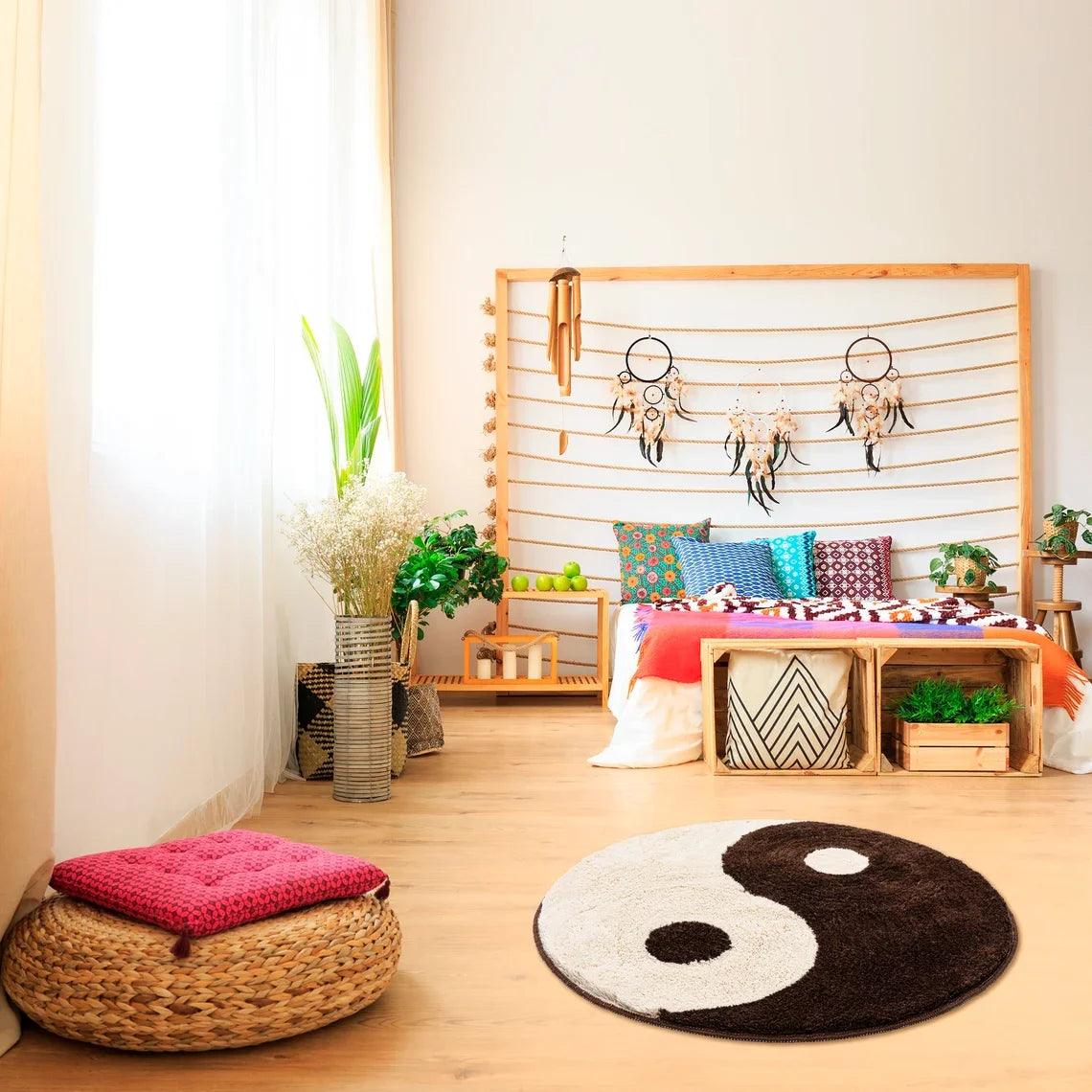 LAKEA Yin and Yang Symbol Fluffy Circle Soft Rug Black and White Circle Digital Carpet for Bedroom with Chinese Characteristic