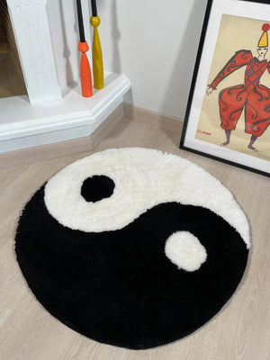 LAKEA Yin and Yang Symbol Fluffy Circle Soft Rug Black and White Circle Digital Carpet for Bedroom with Chinese Characteristic