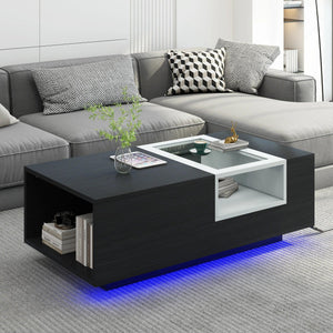 LED Coffee Table with Storage Open Display Shelf Modern Center Table Accent Furniture for Living Room White/Black[US-W]