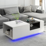 LED Coffee Table with Storage Open Display Shelf Modern Center Table Accent Furniture for Living Room White/Black[US-W]