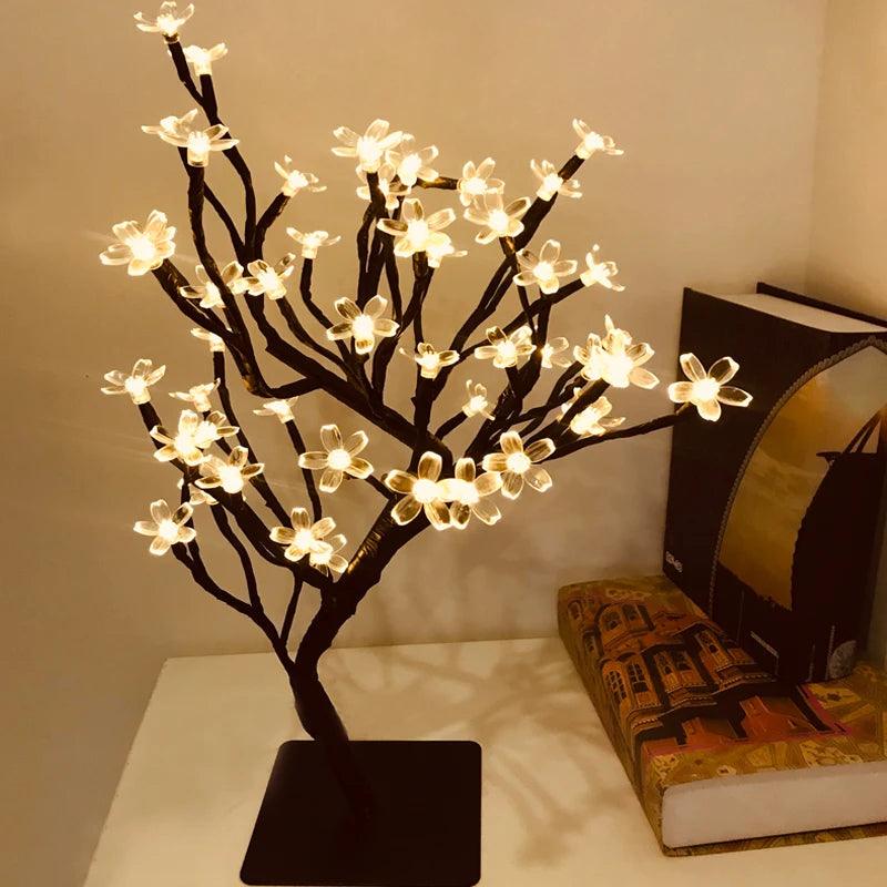 LED Decor Desk Lamp Cherry Blossom Tree Night Lights Nordic Crystal Flower Table Light for Bedroom Bedside Decorative Table Lamp