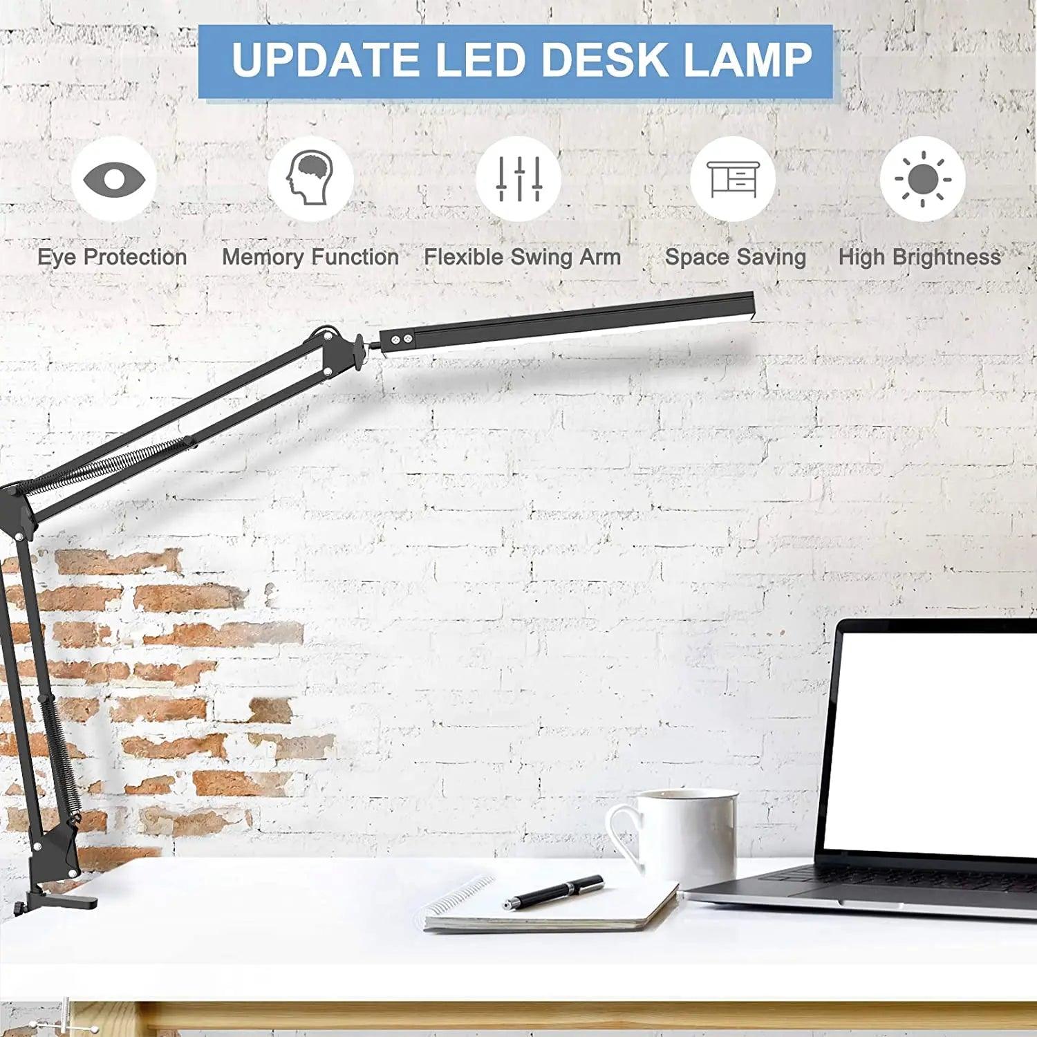 LED Desk Lamp Eye-Caring Adjustable Swing Arm Table Light with Clamp reading lights night light for Study Reading Work Task/Offi