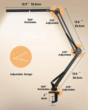 LED Desk Lamp Eye-Caring Adjustable Swing Arm Table Light with Clamp reading lights night light for Study Reading Work Task/Offi