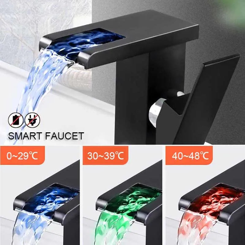 Grifo de cascada LED, grifo mezclador luminoso inteligente que cambia de Color frío y caliente, grifo para lavabo de baño, diseño cuadrado