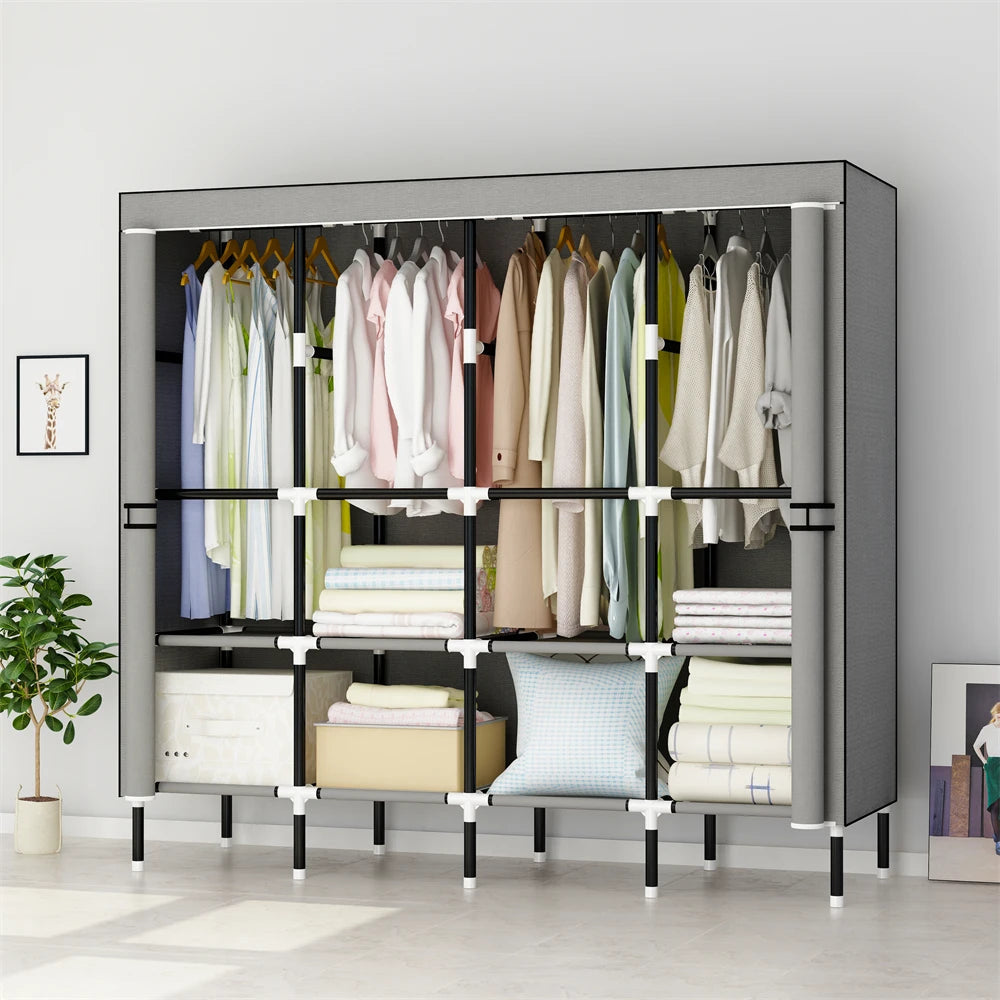 LEEGOHOME Closet Wardrobe 64in 163x42x170cm Wardrobe Steel Fabric Closet Clothes Hanging with 8 Storage Shelves & 4 Hanging Rods