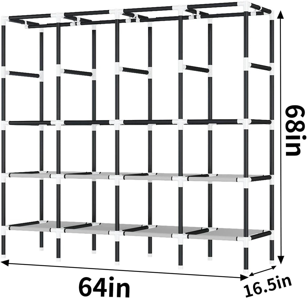 LEEGOHOME Closet Wardrobe 64in/80in Wardrobe Closet 20mm Fabric for Clothes Hanging with 8/10 Storage Shelves & 4/5 Hanging Rods