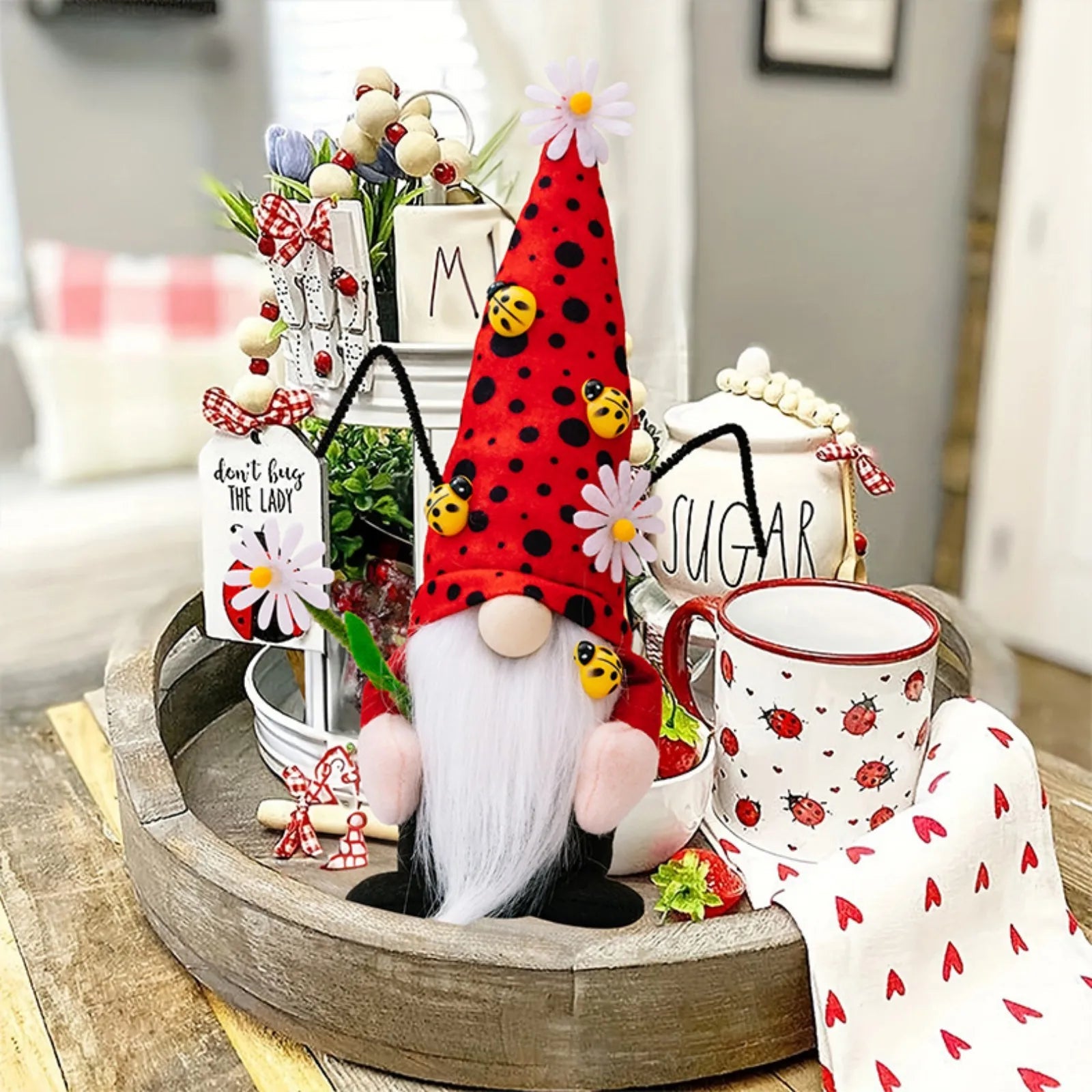 Ladybug Gnomes Kitchen Tiered Tray Decor Plush Swedish Tomte Scandinavian Figurine Spring Summer Farmhouse Household Ornament