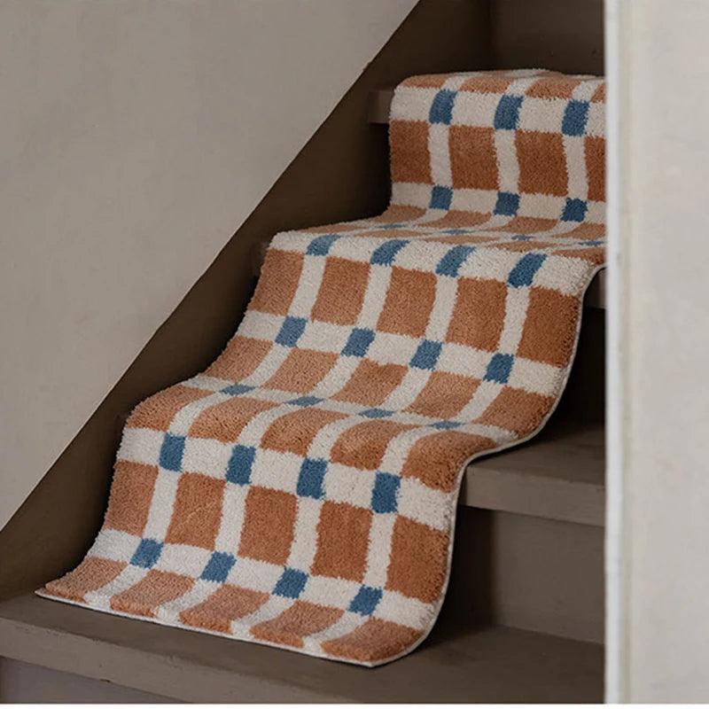 Long Grid Woolen Imitation Cashmere Rug Soft Short Plush Non-slip Floor Mat Entrance Bedroom Girl's Bedside Floor Blanket