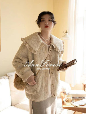 Loose Cute Lace Ruffled Collar Doll Plush Coat Wool Jacket Autumn Winter Lamb wool coat