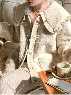 Loose Cute Lace Ruffled Collar Doll Plush Coat Wool Jacket Autumn Winter Lamb wool coat