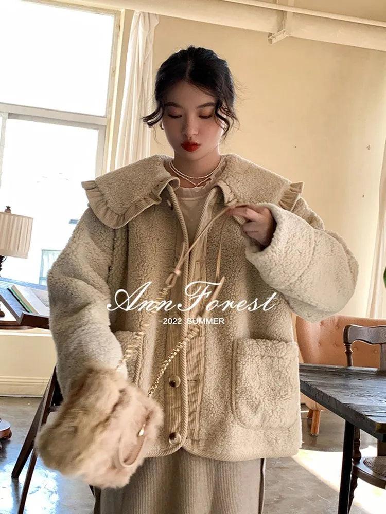 Loose Cute Lace Ruffled Collar Doll Plush Coat Wool Jacket Autumn Winter Lamb wool coat