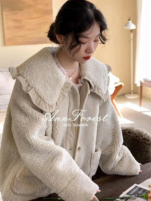 Loose Cute Lace Ruffled Collar Doll Plush Coat Wool Jacket Autumn Winter Lamb wool coat