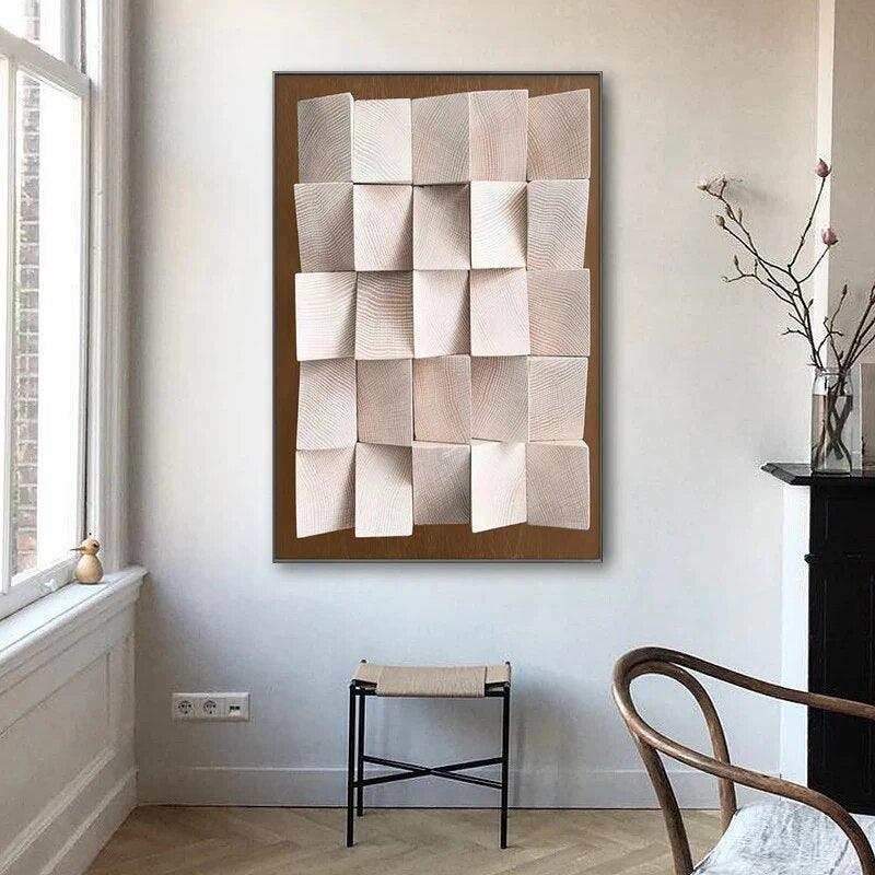 Modern Brown Beige Wall Art 3D Effect Wood Blocks Abstract Canvas Painting Nordic Poster Home Decor Interior Living Room