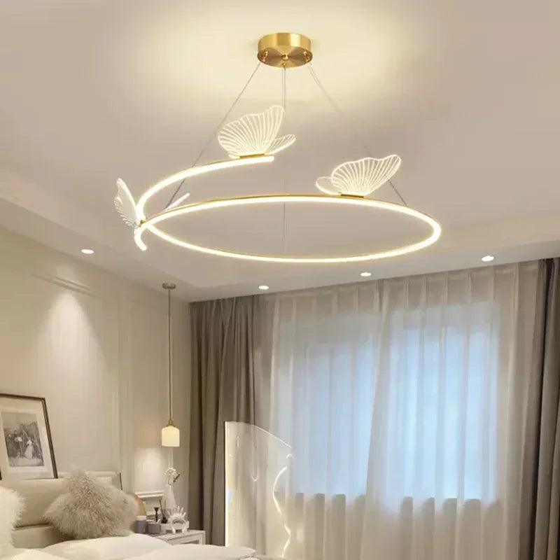 Modern Butterfly Chandelier Minimalist Living Room Hanging Lamp Fashion Creativity Pendant Light for Home Decoration Round LED