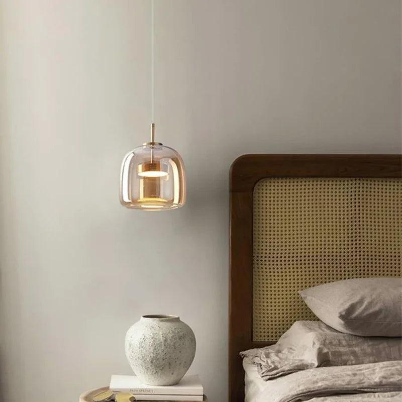 Modern Glass Led Pendant Light Suspension LivingDining Room Chandelier For Kitchen Bedroom Bedside Minimalist Amber Hanging Lamp