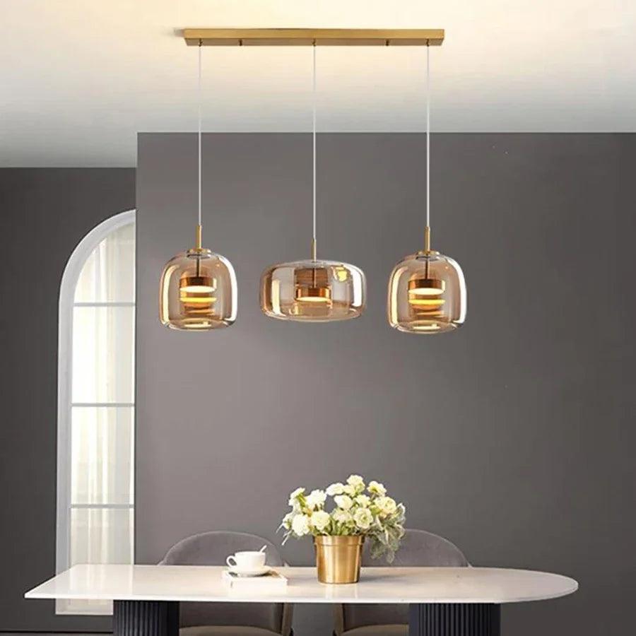 Modern Glass Led Pendant Light Suspension LivingDining Room Chandelier For Kitchen Bedroom Bedside Minimalist Amber Hanging Lamp