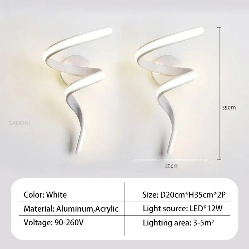 Modern LED Wall Light Curved Design Spiral Wall Lamp for Living Room Bedroom Bedside Aisle Home Decor Indoor Sconce Lighting