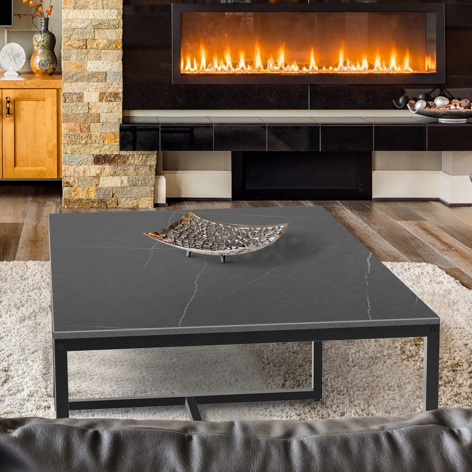 Modern Marble and Metal Frame Open Rectangle Coffee Accent Table Living Room End Table