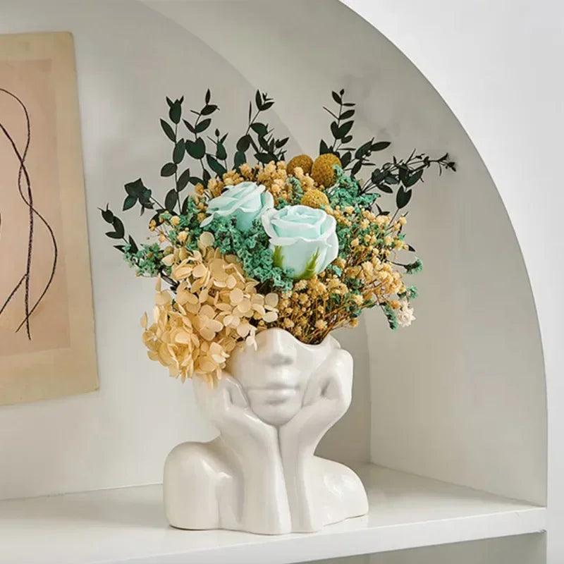 Modern Simple Ceramic Human Face Flower Vase Human Head Plant Flower Pot Nordic Art Flower Creative Vase Home Living Room Decor