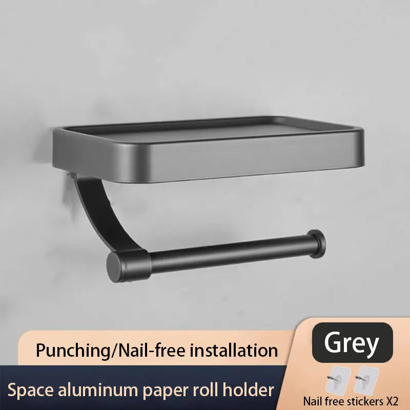 Nail Free Grey Toilet Paper Holder Aluminum Wall Mounted Toilet Paper Roll Holder Bathroom Accessories WC Decor Storage Shelf