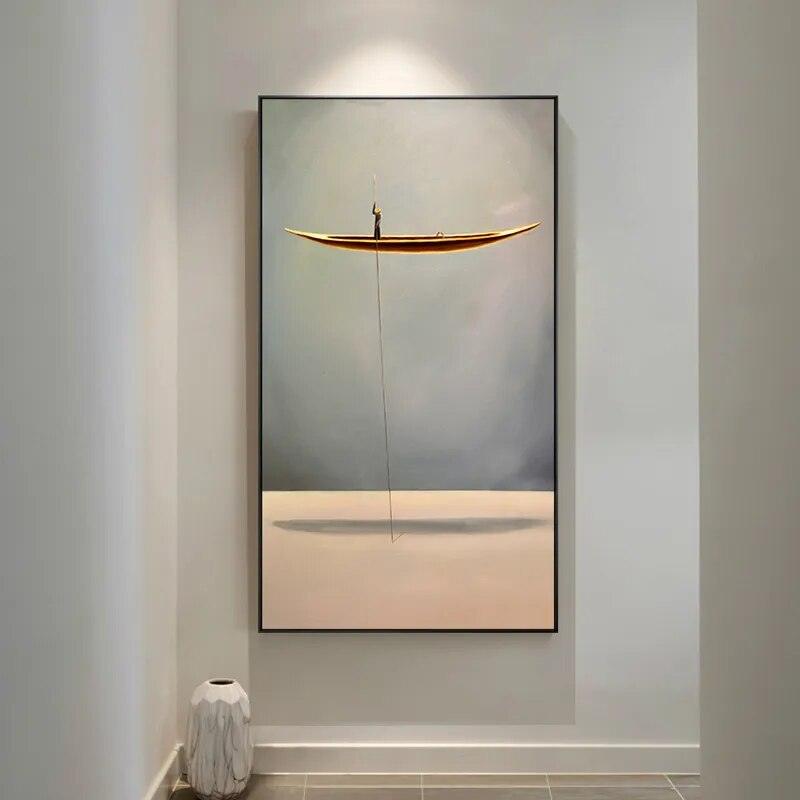 New Chinese Style Gold Boat Canvas Poster Natural Landscape Abstract Painting Print Wall Art Pictures For Living Room Home Decor