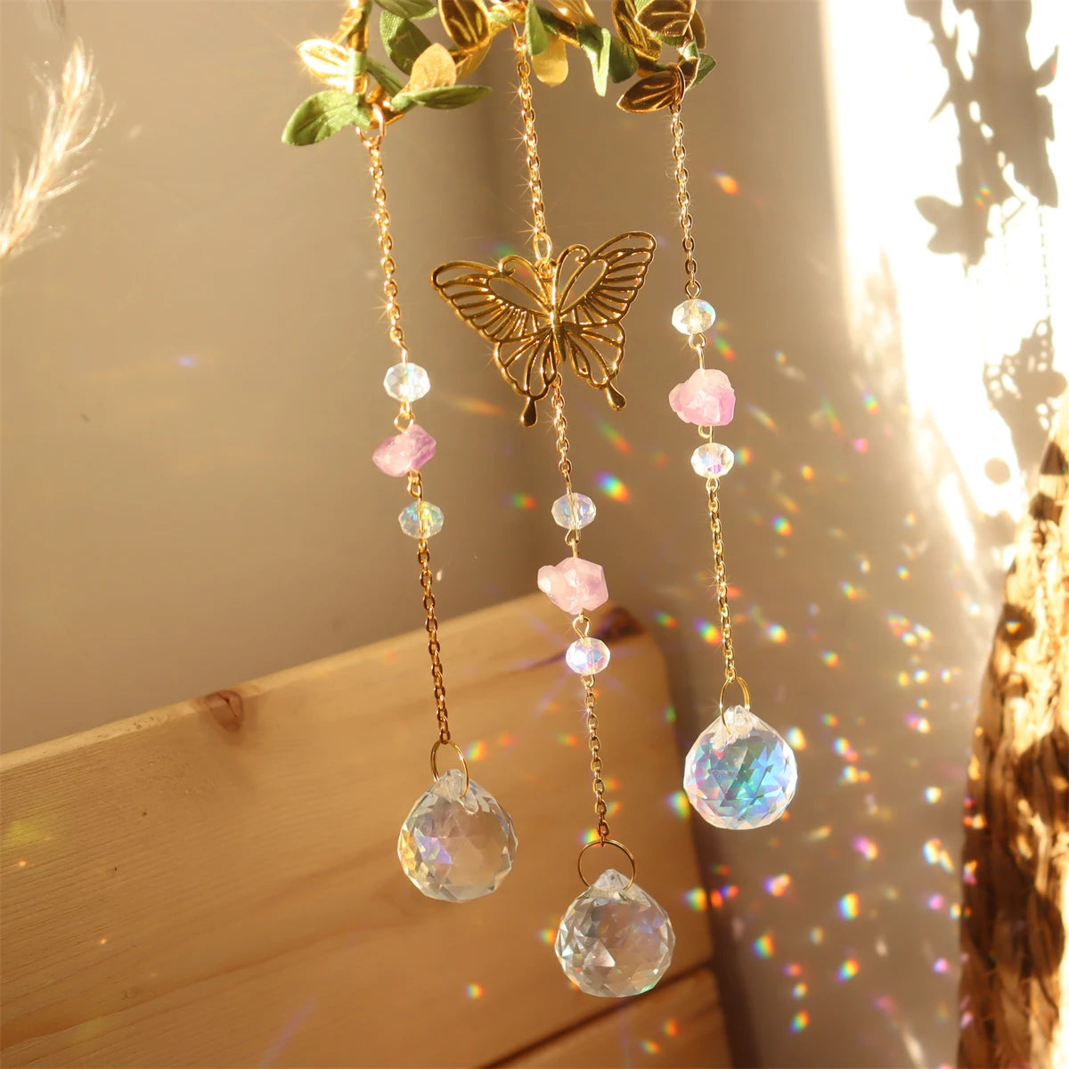 New Vine winding Butterfly Crystal Wind Chime Star Moon Hanging Rainbow Chaser Dream Catcher Home Garden Decor Windchimes