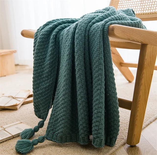 Nordic Blankets for Bed Sofa Couch Chunky Knit Bedspread Knitted Throw Blanket with Tassel Plain Color Waffle Embossed Blanket