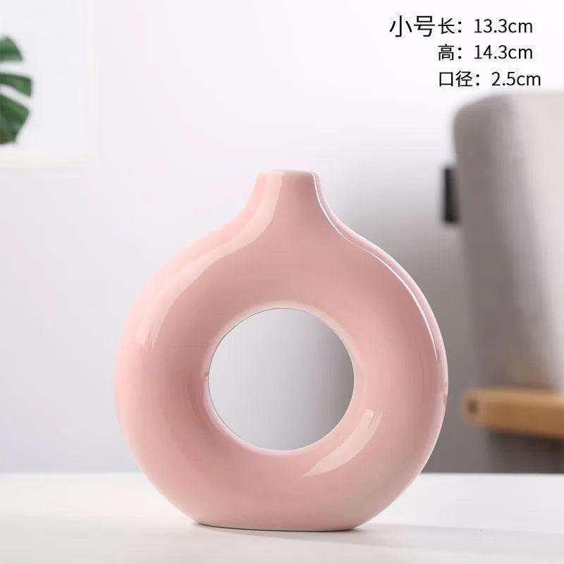 Nordic Circular Hollow Ceramic Vase Donuts Flower Pot Home Decoration Accessories Office Desktop Living Room Interior Decor Gift