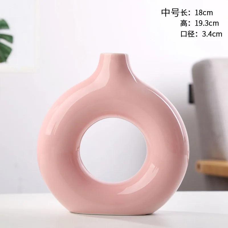 Nordic Circular Hollow Ceramic Vase Donuts Flower Pot Home Decoration Accessories Office Desktop Living Room Interior Decor Gift