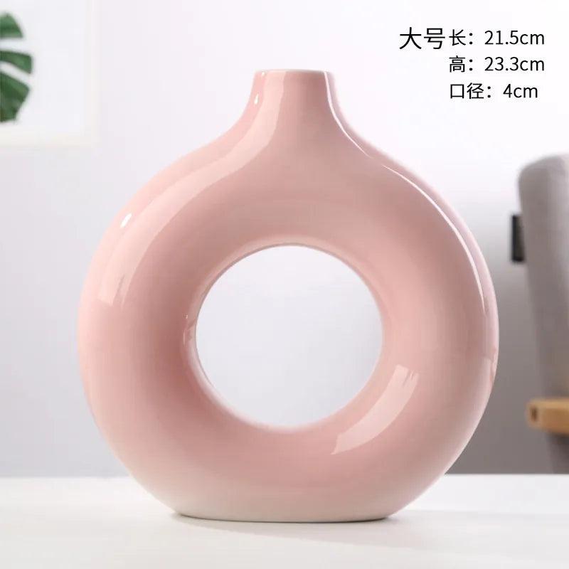 Nordic Circular Hollow Ceramic Vase Donuts Flower Pot Home Decoration Accessories Office Desktop Living Room Interior Decor Gift