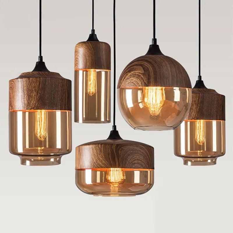 Nordic LED Glass Pendant Lights Fixtures Modern Creative Wood Art Bedroom Dinning Living Room Light Wood Color Hanging Lamps