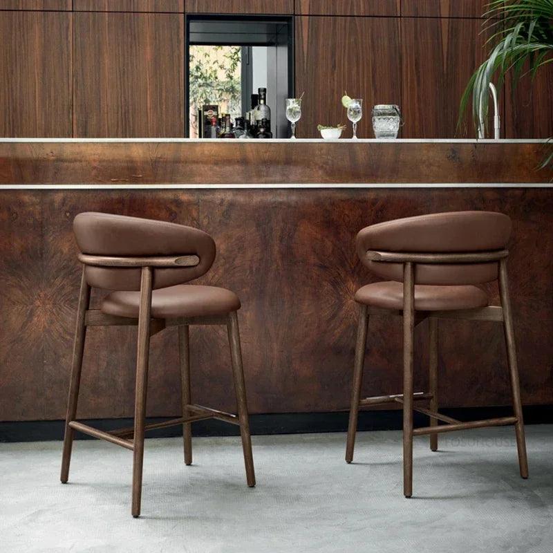 Nordic Solid Wood Bar Chairs Modern Home Kitchen High Bar Stools Light Luxury Designer Fabric Chair Living Room Backrest Chair