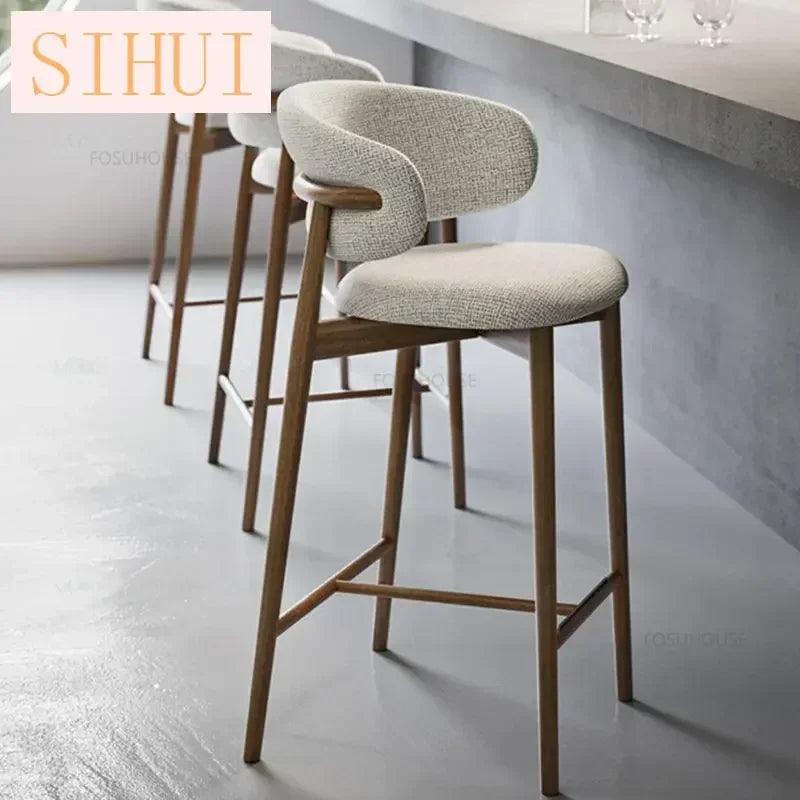 Nordic Solid Wood Bar Chairs Modern Home Kitchen High Bar Stools Light Luxury Designer Fabric Chair Living Room Backrest Chair