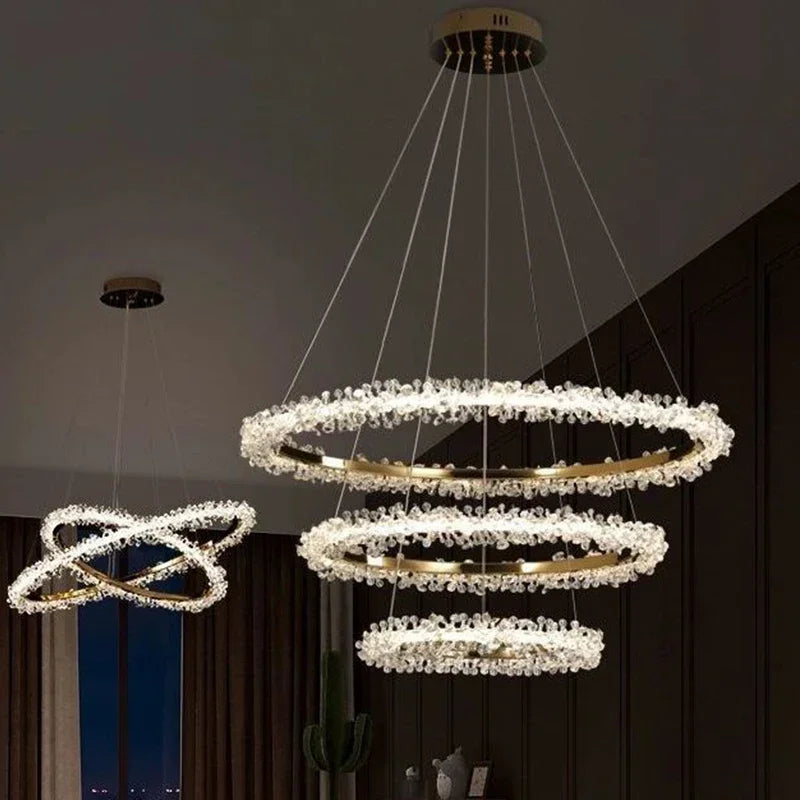 Nordic modern luxury golden round ceiling crystal chandelier indoor living room electroplating halo LED chandelier